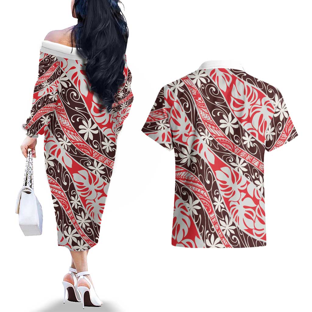 Uteute Tahiti Tiare Monstera Couples Matching Off The Shoulder Long Sleeve Dress and Hawaiian Shirt Polynesian Pattern Curve Style LT01 - Polynesian Pride