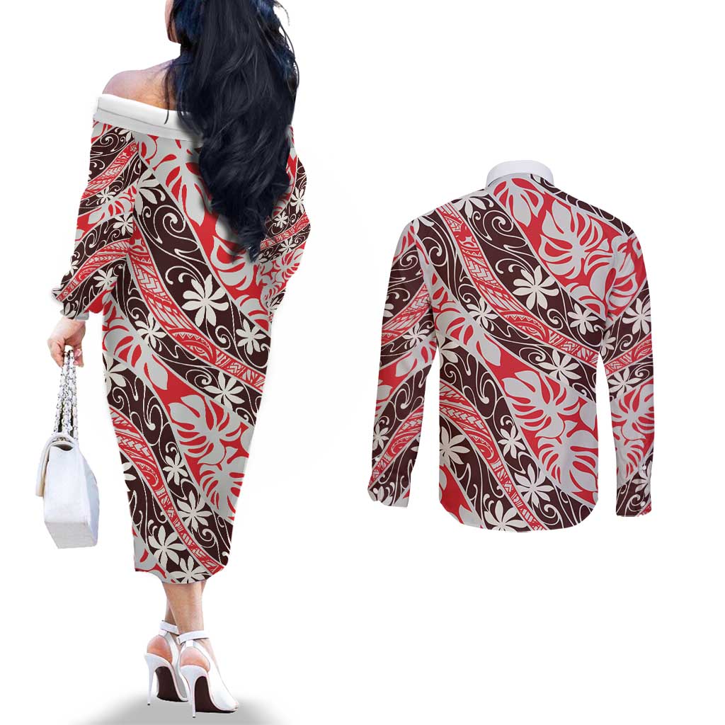 Uteute Tahiti Tiare Monstera Couples Matching Off The Shoulder Long Sleeve Dress and Long Sleeve Button Shirt Polynesian Pattern Curve Style LT01 - Polynesian Pride