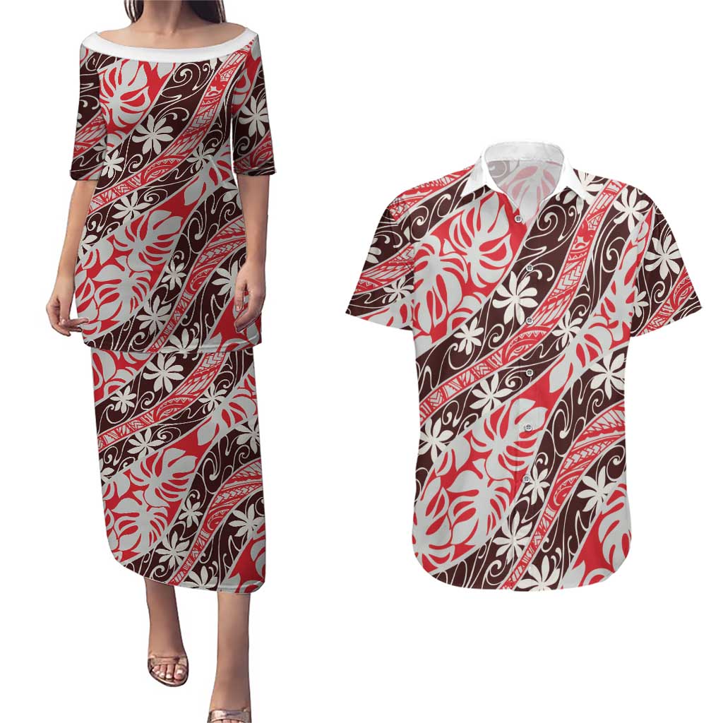 Uteute Tahiti Tiare Monstera Couples Matching Puletasi and Hawaiian Shirt Polynesian Pattern Curve Style - Polynesian Pride