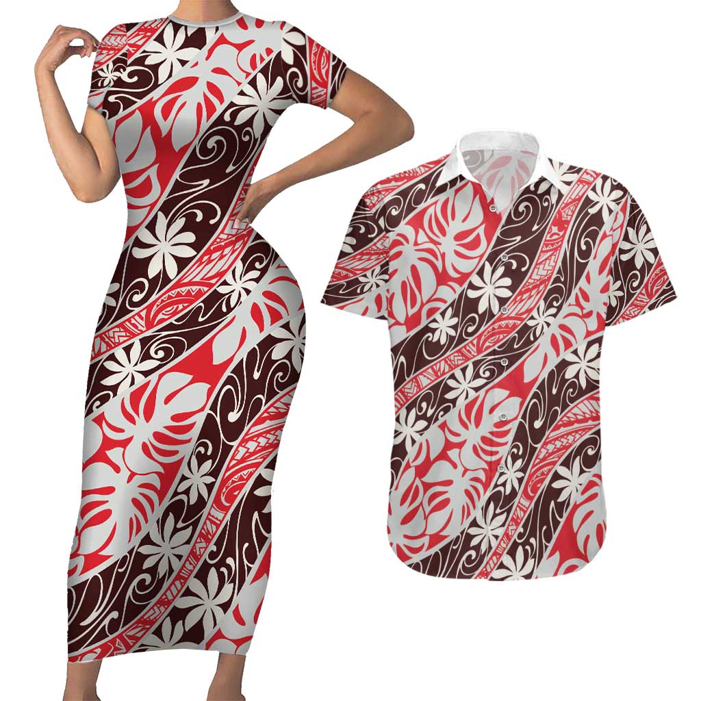 Uteute Tahiti Tiare Monstera Couples Matching Short Sleeve Bodycon Dress and Hawaiian Shirt Polynesian Pattern Curve Style - Polynesian Pride