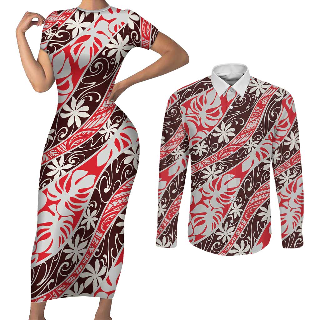 Uteute Tahiti Tiare Monstera Couples Matching Short Sleeve Bodycon Dress and Long Sleeve Button Shirt Polynesian Pattern Curve Style - Polynesian Pride