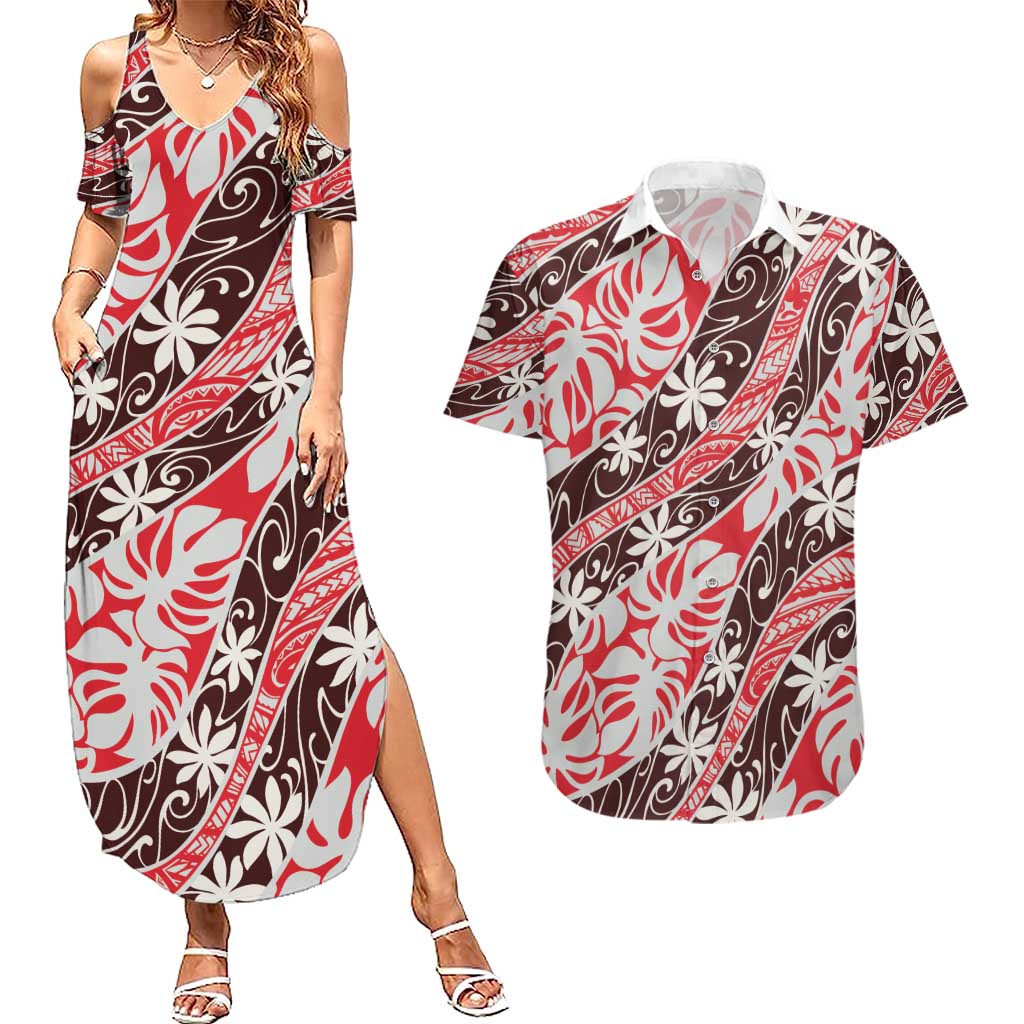 Uteute Tahiti Tiare Monstera Couples Matching Summer Maxi Dress and Hawaiian Shirt Polynesian Pattern Curve Style - Polynesian Pride