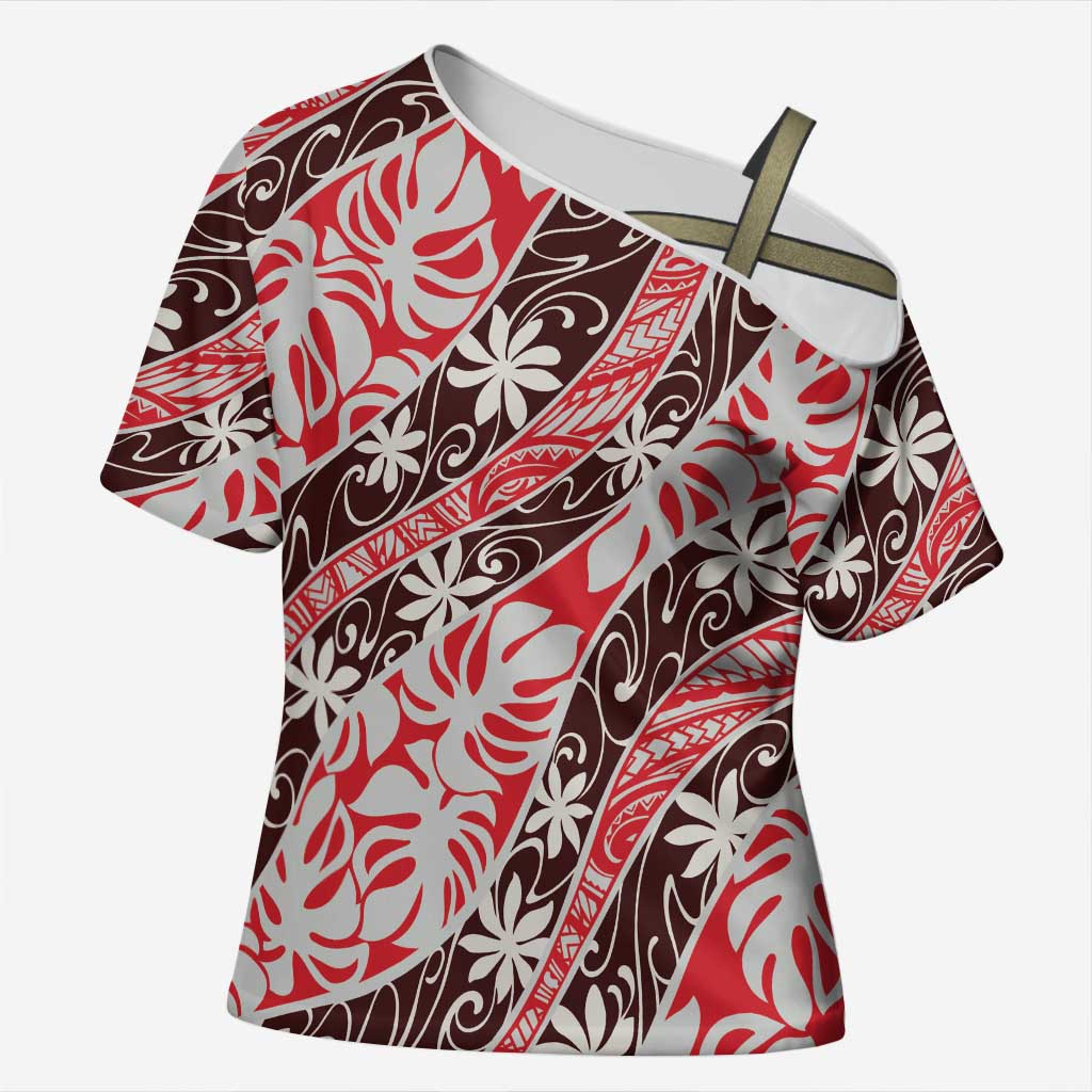 Uteute Tahiti Tiare Monstera Cross Shoulder Shirt Polynesian Pattern Curve Style - Polynesian Pride
