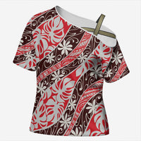 Uteute Tahiti Tiare Monstera Cross Shoulder Shirt Polynesian Pattern Curve Style - Polynesian Pride