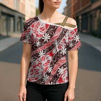 Uteute Tahiti Tiare Monstera Cross Shoulder Shirt Polynesian Pattern Curve Style - Polynesian Pride