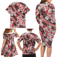 Uteute Tahiti Tiare Monstera Family Matching Long Sleeve Bodycon Dress and Hawaiian Shirt Polynesian Pattern Curve Style LT01 - Polynesian Pride
