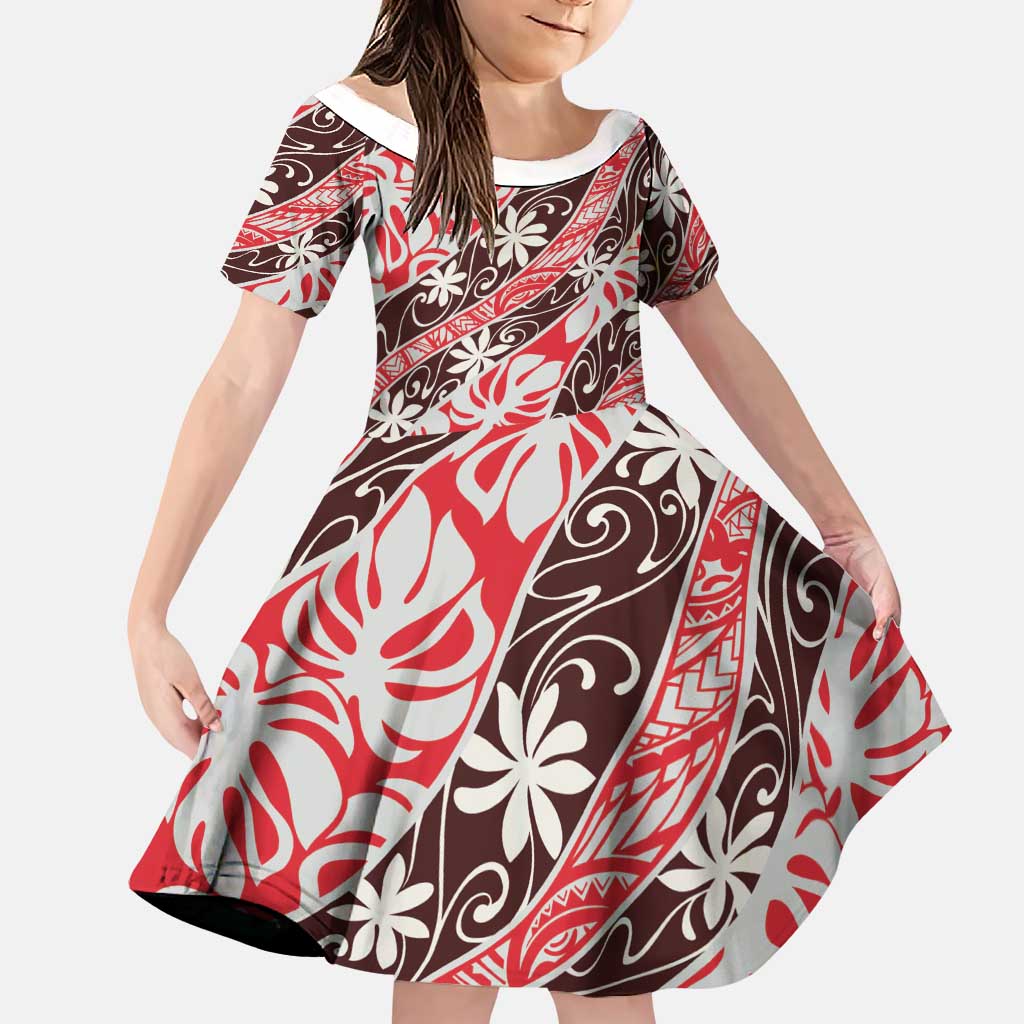 Uteute Tahiti Tiare Monstera Family Matching Mermaid Dress and Hawaiian Shirt Polynesian Pattern Curve Style LT01 Daughter's Dress Red - Polynesian Pride