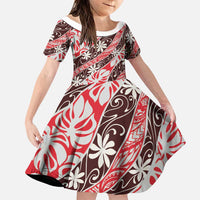 Uteute Tahiti Tiare Monstera Family Matching Mermaid Dress and Hawaiian Shirt Polynesian Pattern Curve Style LT01 Daughter's Dress Red - Polynesian Pride