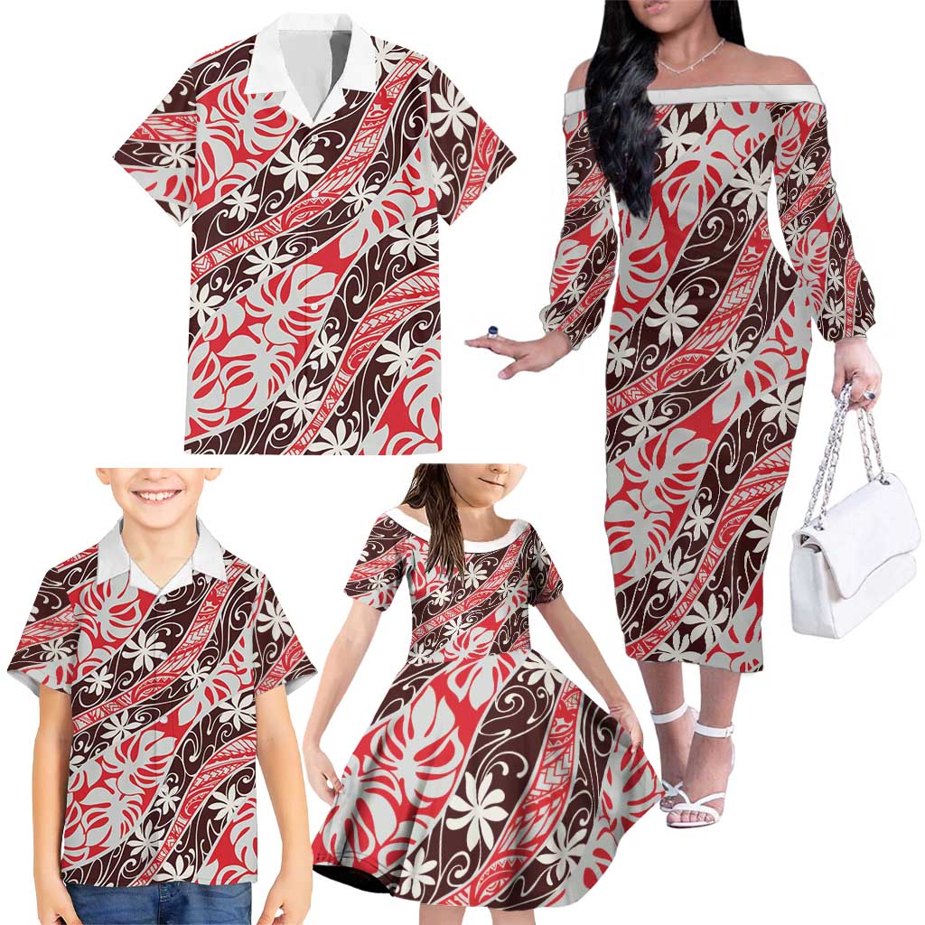 Uteute Tahiti Tiare Monstera Family Matching Off The Shoulder Long Sleeve Dress and Hawaiian Shirt Polynesian Pattern Curve Style - Polynesian Pride