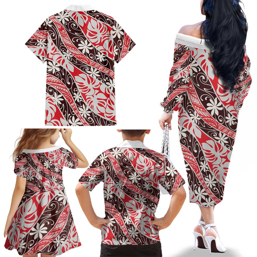 Uteute Tahiti Tiare Monstera Family Matching Off The Shoulder Long Sleeve Dress and Hawaiian Shirt Polynesian Pattern Curve Style LT01 - Polynesian Pride