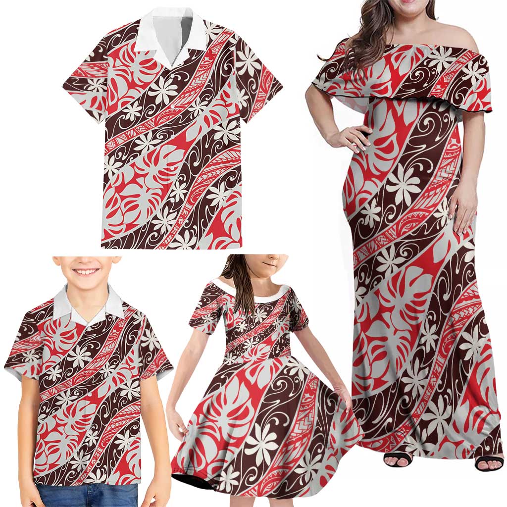 Uteute Tahiti Tiare Monstera Family Matching Off Shoulder Maxi Dress and Hawaiian Shirt Polynesian Pattern Curve Style LT01 - Polynesian Pride