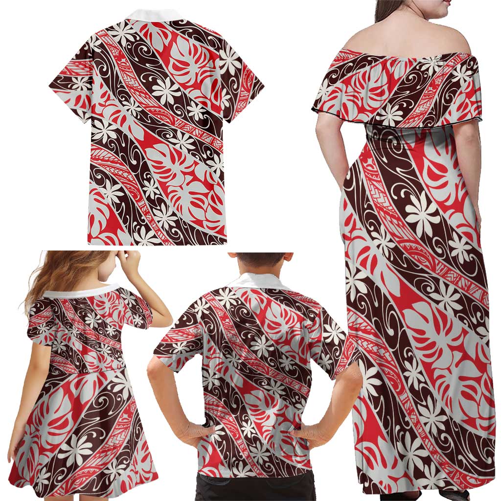 Uteute Tahiti Tiare Monstera Family Matching Off Shoulder Maxi Dress and Hawaiian Shirt Polynesian Pattern Curve Style LT01 - Polynesian Pride
