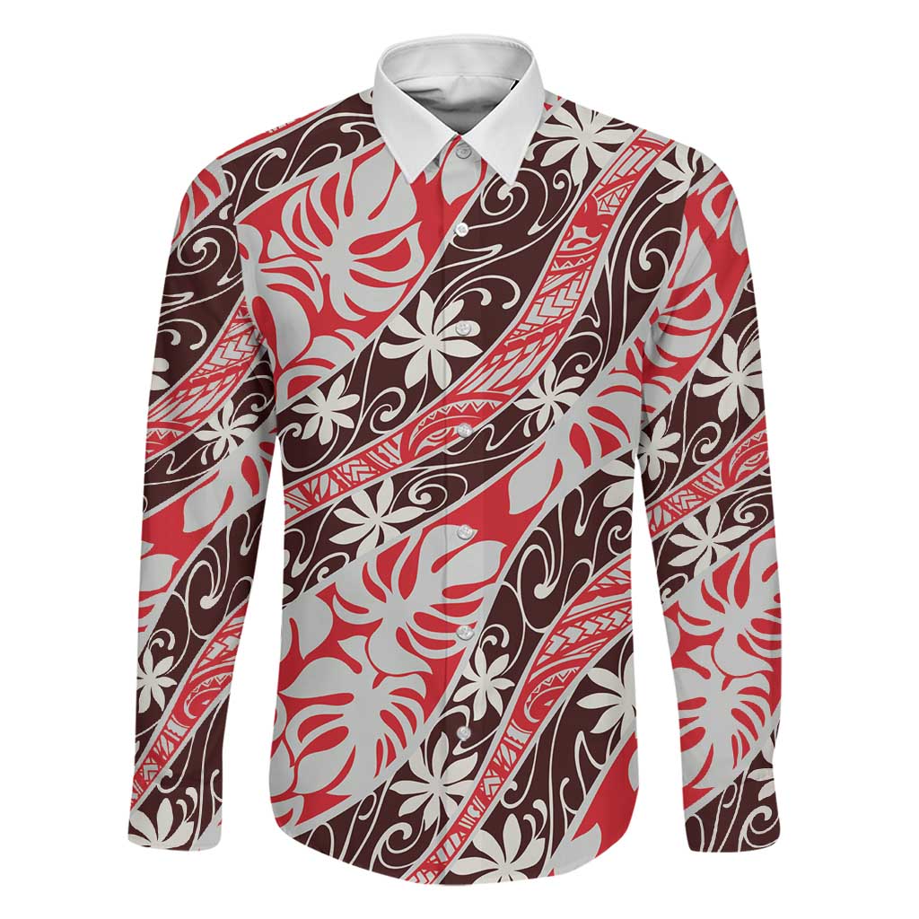 Uteute Tahiti Tiare Monstera Family Matching Off Shoulder Maxi Dress and Hawaiian Shirt Polynesian Pattern Curve Style LT01 Dad's Shirt - Long Sleeve Red - Polynesian Pride