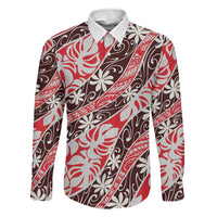 Uteute Tahiti Tiare Monstera Family Matching Off Shoulder Maxi Dress and Hawaiian Shirt Polynesian Pattern Curve Style LT01 Dad's Shirt - Long Sleeve Red - Polynesian Pride