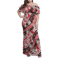Uteute Tahiti Tiare Monstera Family Matching Off Shoulder Maxi Dress and Hawaiian Shirt Polynesian Pattern Curve Style LT01 Mom's Dress Red - Polynesian Pride
