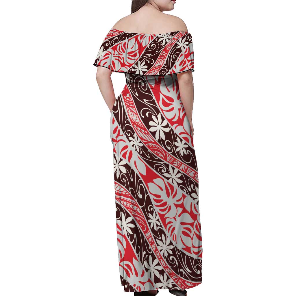 Uteute Tahiti Tiare Monstera Family Matching Off Shoulder Maxi Dress and Hawaiian Shirt Polynesian Pattern Curve Style LT01 - Polynesian Pride