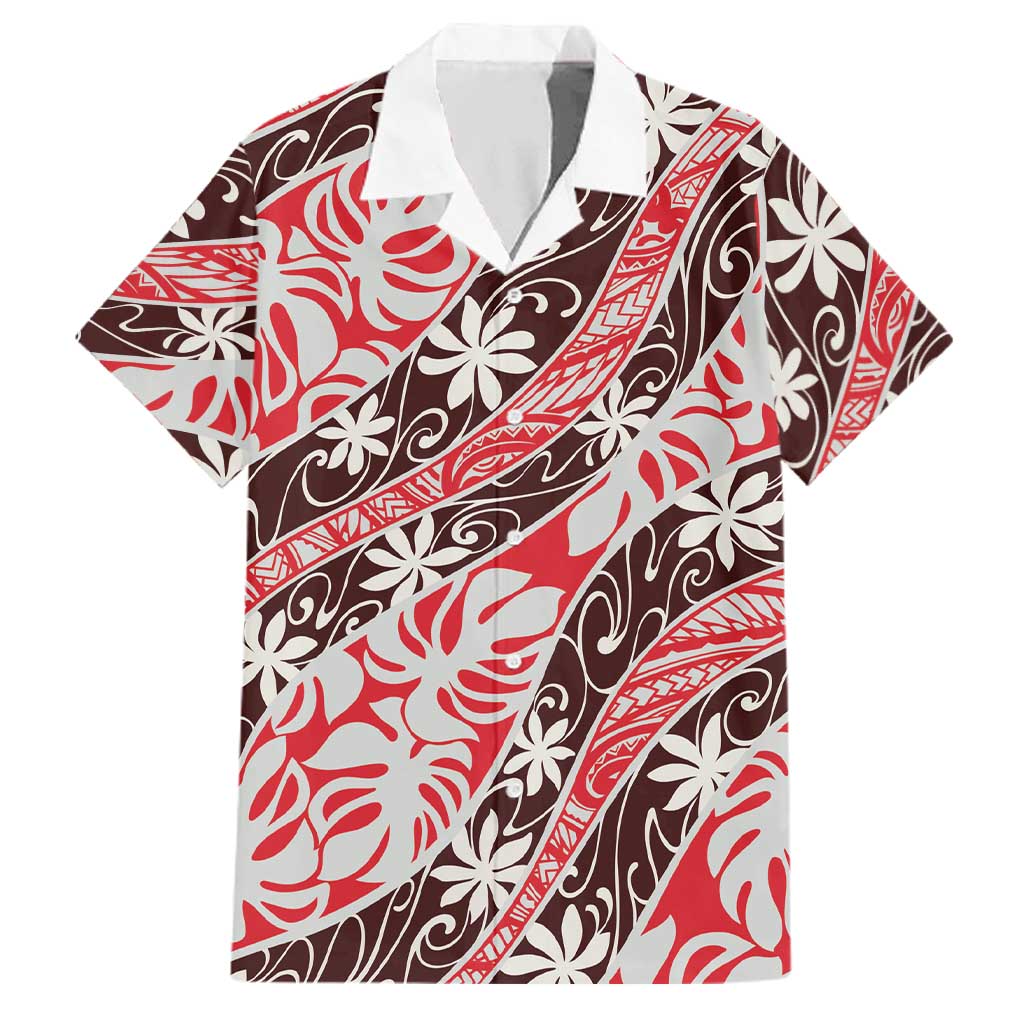 Uteute Tahiti Tiare Monstera Family Matching Off Shoulder Short Dress and Hawaiian Shirt Polynesian Pattern Curve Style LT01 Dad's Shirt - Short Sleeve Red - Polynesian Pride