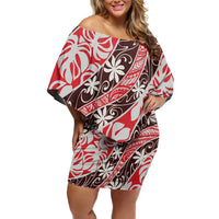 Uteute Tahiti Tiare Monstera Family Matching Off Shoulder Short Dress and Hawaiian Shirt Polynesian Pattern Curve Style LT01 Mom's Dress Red - Polynesian Pride