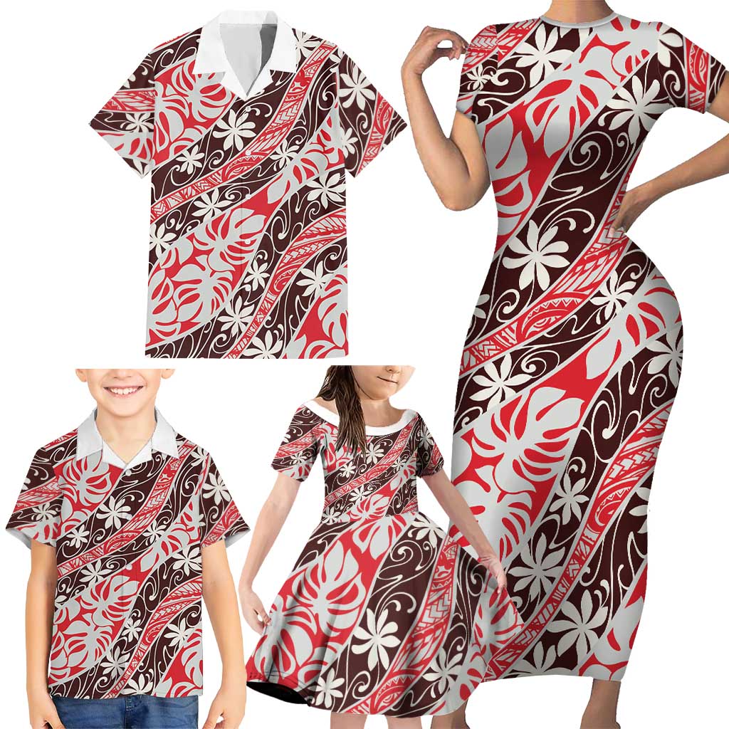 Uteute Tahiti Tiare Monstera Family Matching Short Sleeve Bodycon Dress and Hawaiian Shirt Polynesian Pattern Curve Style LT01 - Polynesian Pride