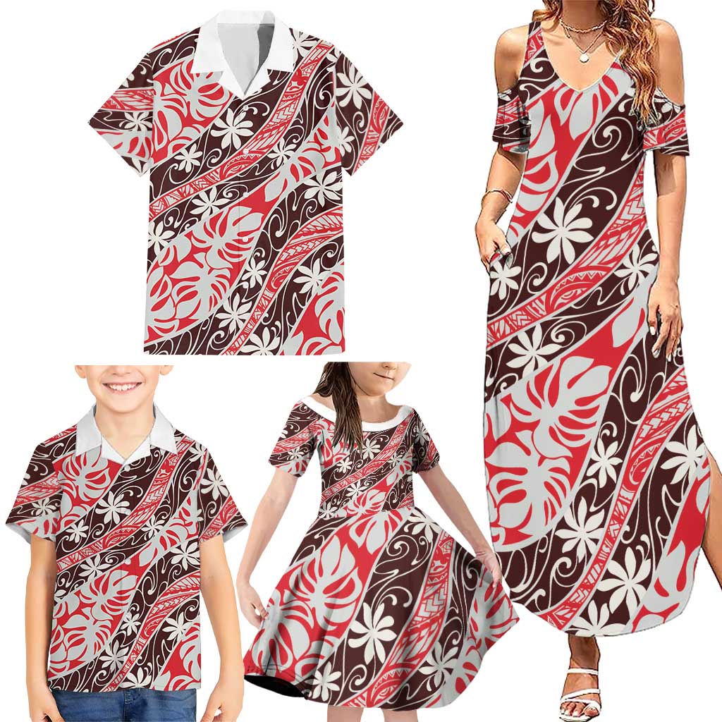 Uteute Tahiti Tiare Monstera Family Matching Summer Maxi Dress and Hawaiian Shirt Polynesian Pattern Curve Style LT01 - Polynesian Pride