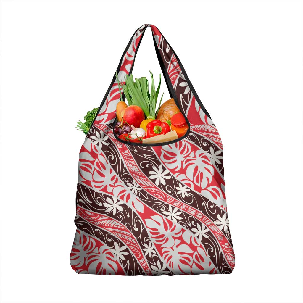 Uteute Tahiti Tiare Monstera Grocery Bag Polynesian Pattern Curve Style LT01 1-pack One Size Red - Polynesian Pride