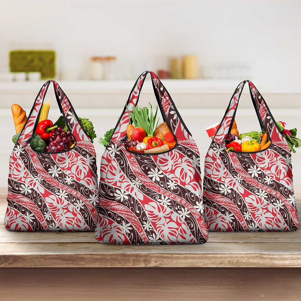 Uteute Tahiti Tiare Monstera Grocery Bag Polynesian Pattern Curve Style LT01 3-pack One Size Red - Polynesian Pride