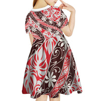 Uteute Tahiti Tiare Monstera Kid Short Sleeve Dress Polynesian Pattern Curve Style - Polynesian Pride