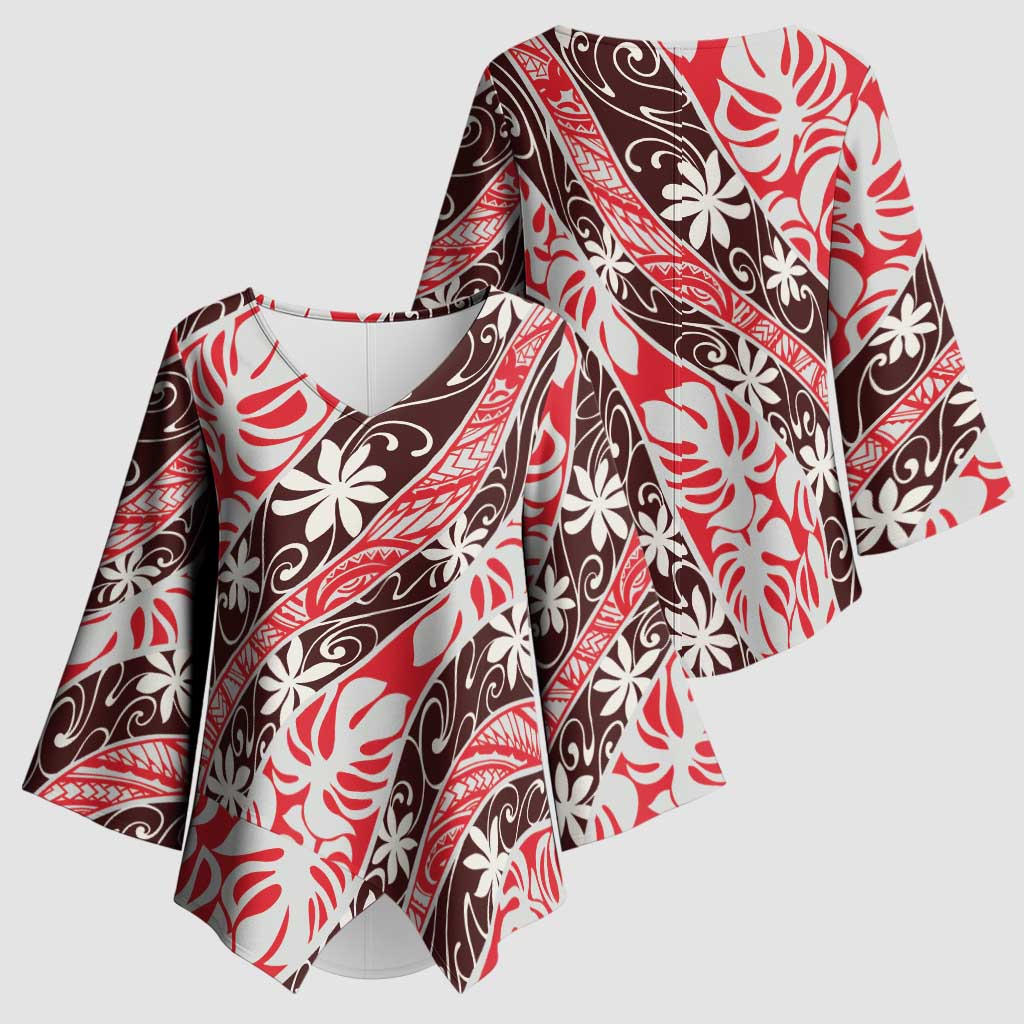 Uteute Tahiti Tiare Monstera Kimono Sleeve Blouse Polynesian Pattern Curve Style - Polynesian Pride