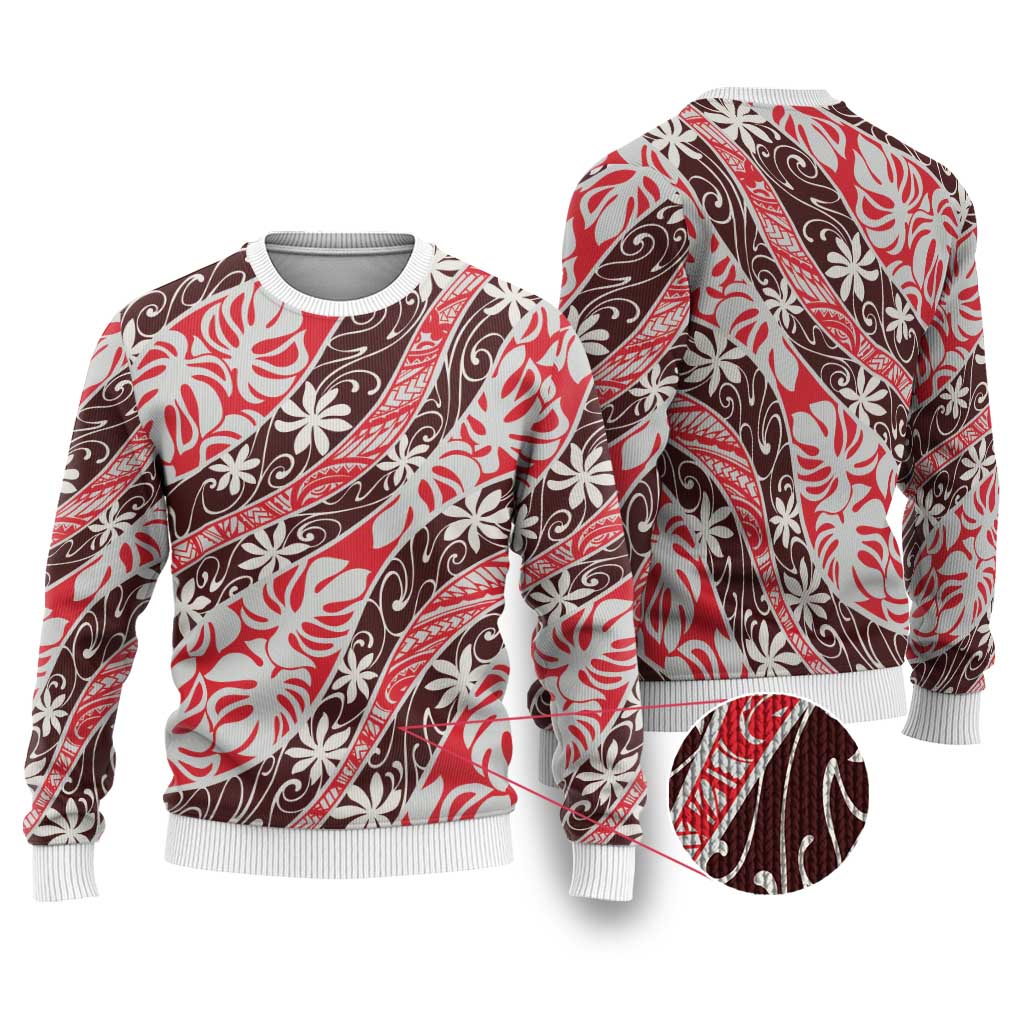 Uteute Tahiti Tiare Monstera Ugly Christmas Sweater Polynesian Pattern Curve Style - Polynesian Pride