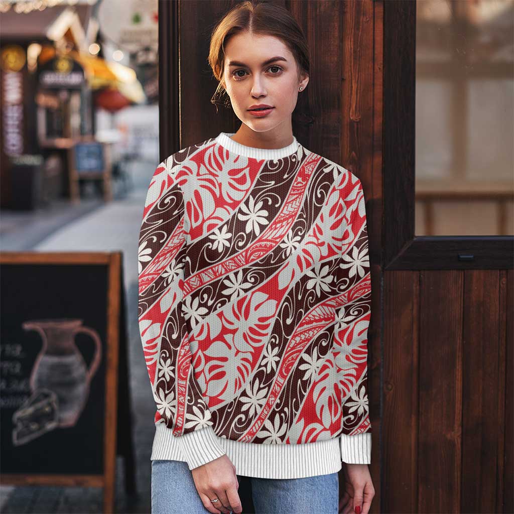 Uteute Tahiti Tiare Monstera Ugly Christmas Sweater Polynesian Pattern Curve Style - Polynesian Pride