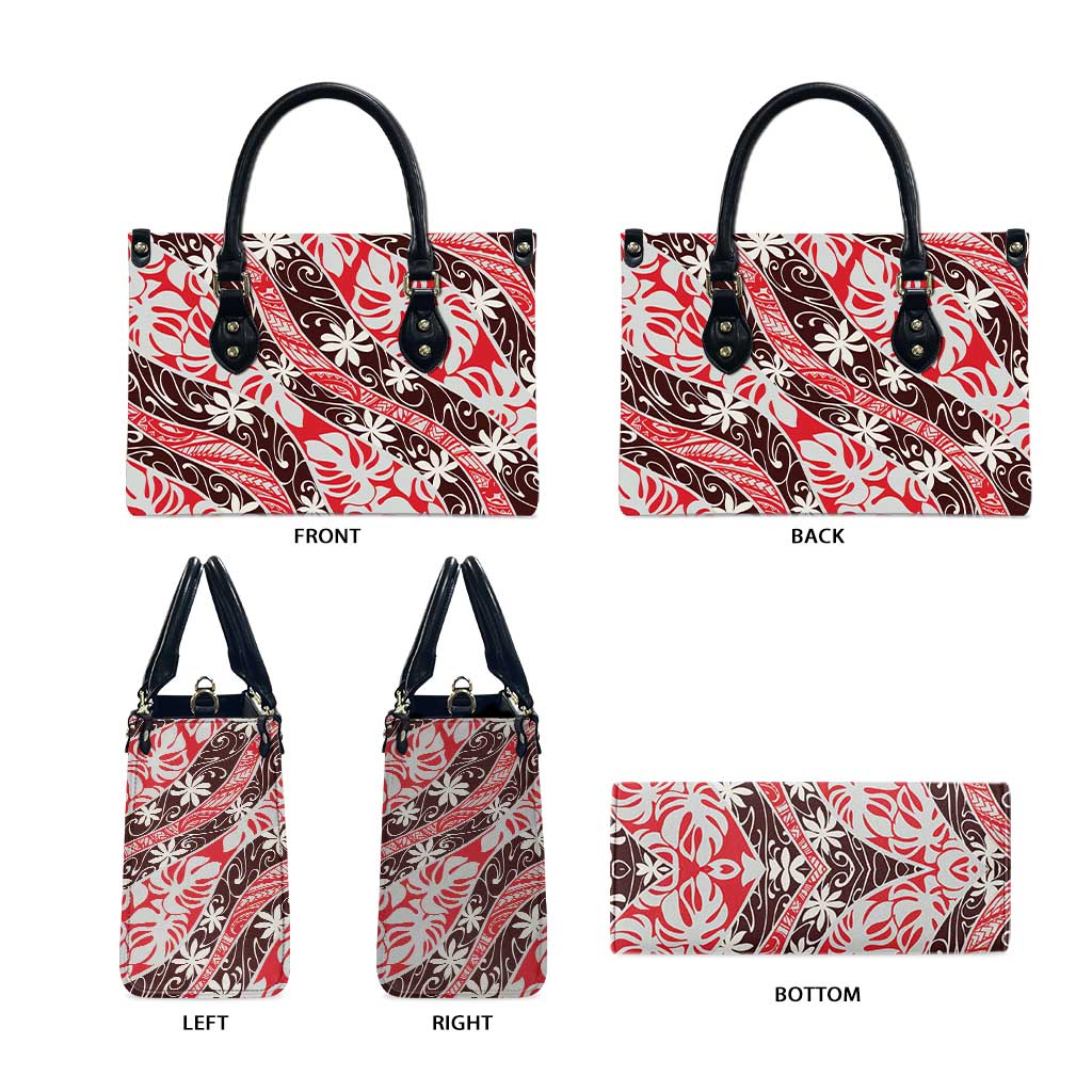 Uteute Tahiti Tiare Monstera Leather Bag Polynesian Pattern Curve Style - Polynesian Pride