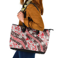Uteute Tahiti Tiare Monstera Leather Tote Bag Polynesian Pattern Curve Style LT01 Red - Polynesian Pride