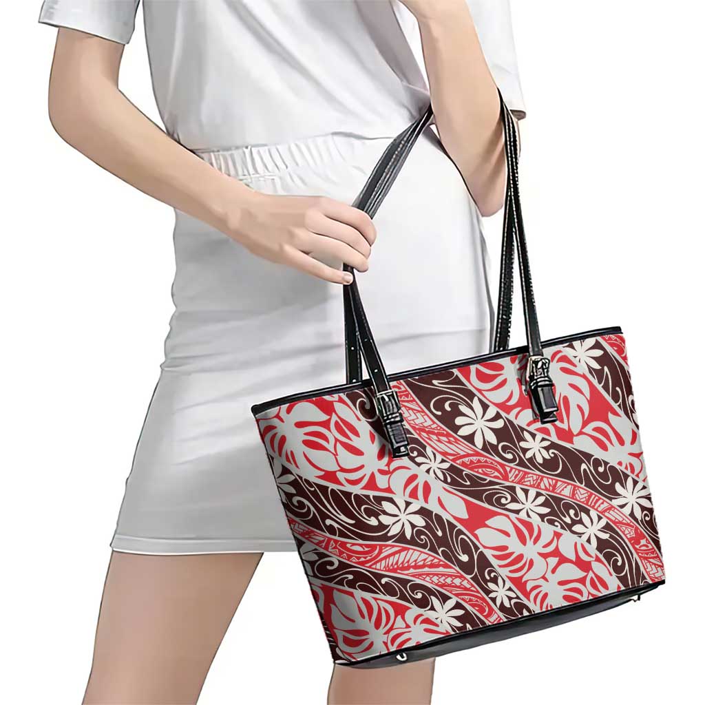 Uteute Tahiti Tiare Monstera Leather Tote Bag Polynesian Pattern Curve Style LT01 - Polynesian Pride