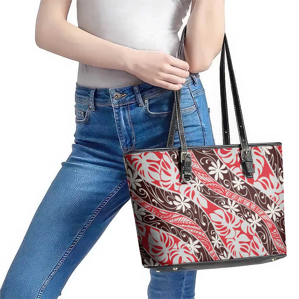 Uteute Tahiti Tiare Monstera Leather Tote Bag Polynesian Pattern Curve Style LT01 - Polynesian Pride