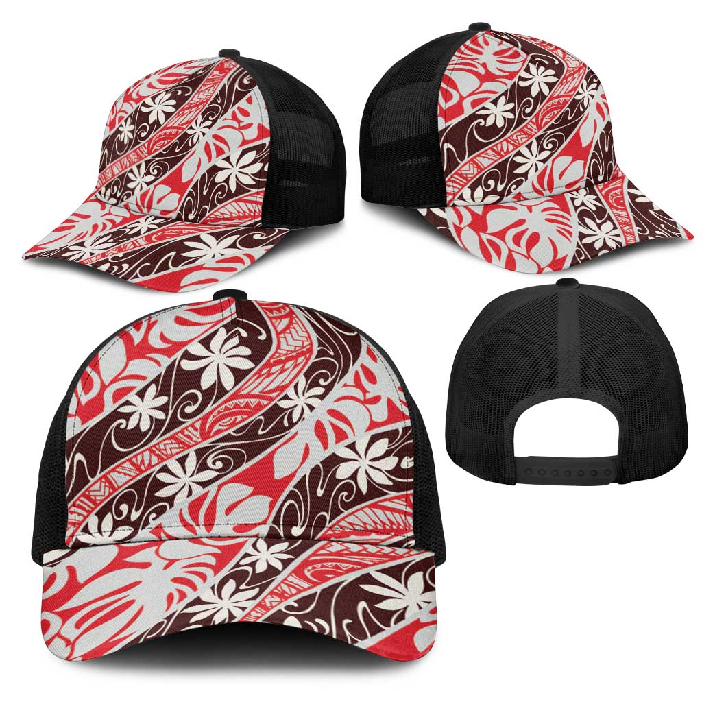 Uteute Tahiti Tiare Monstera Mesh Trucker Cap Polynesian Pattern Curve Style - Polynesian Pride