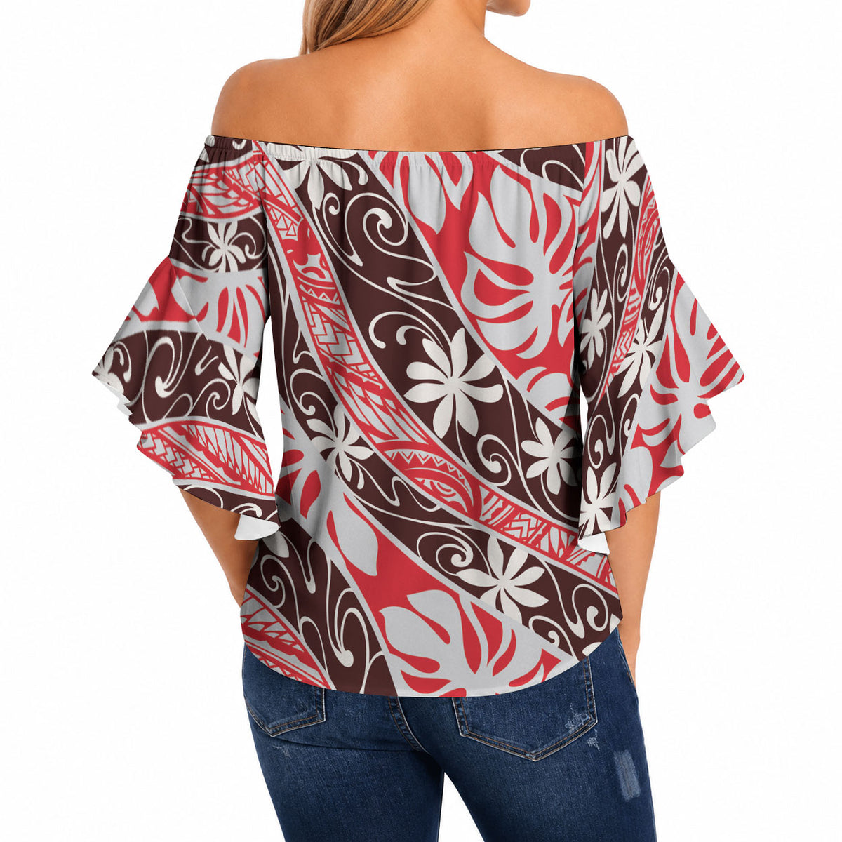 Uteute Tahiti Tiare Monstera Off Shoulder Wrap Waist Top Polynesian Pattern Curve Style LT01 - Polynesian Pride