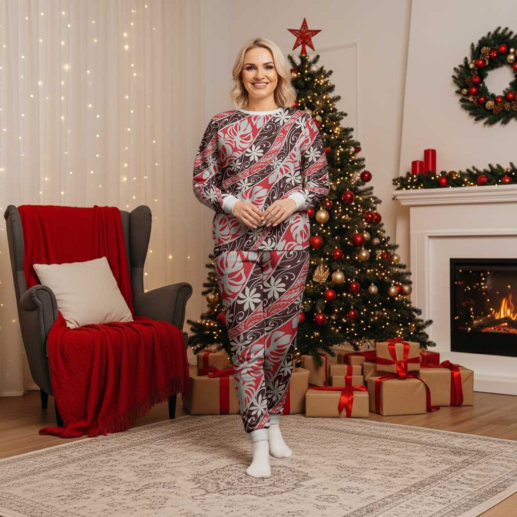 Uteute Tahiti Tiare Monstera Christmas Pajama Set Polynesian Pattern Curve Style - Polynesian Pride