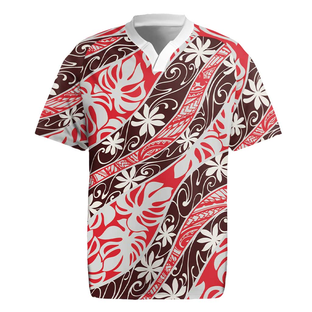 Uteute Tahiti Tiare Monstera Rugby Jersey Polynesian Pattern Curve Style - Polynesian Pride