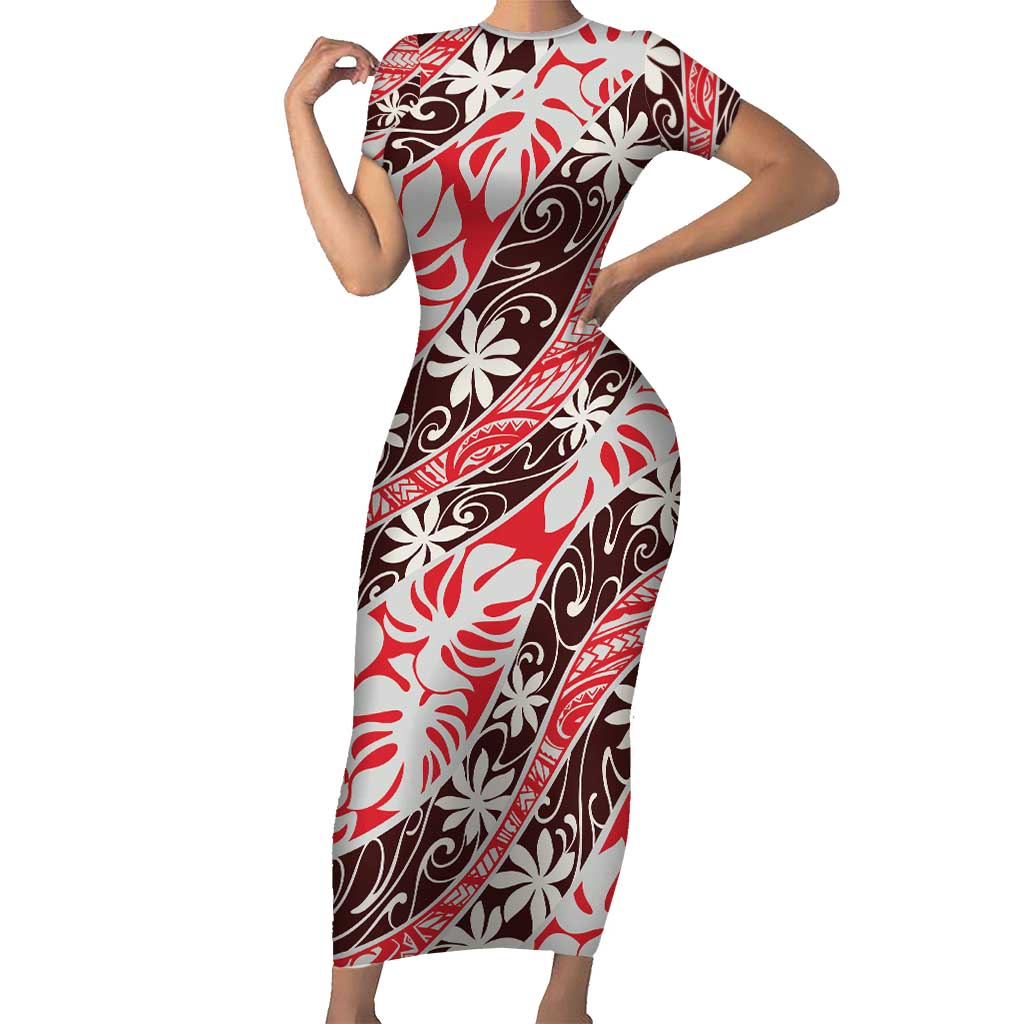 Uteute Tahiti Tiare Monstera Short Sleeve Bodycon Dress Polynesian Pattern Curve Style - Polynesian Pride