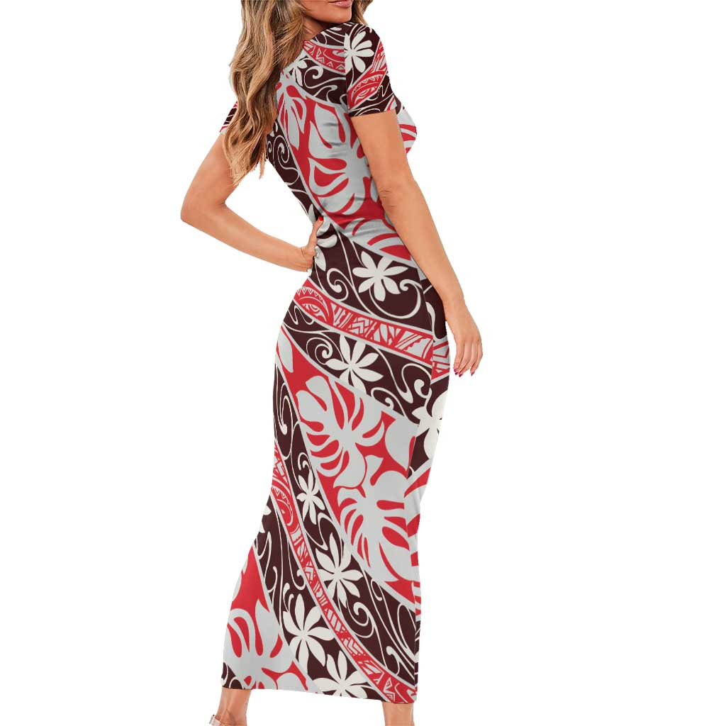 Uteute Tahiti Tiare Monstera Short Sleeve Bodycon Dress Polynesian Pattern Curve Style - Polynesian Pride