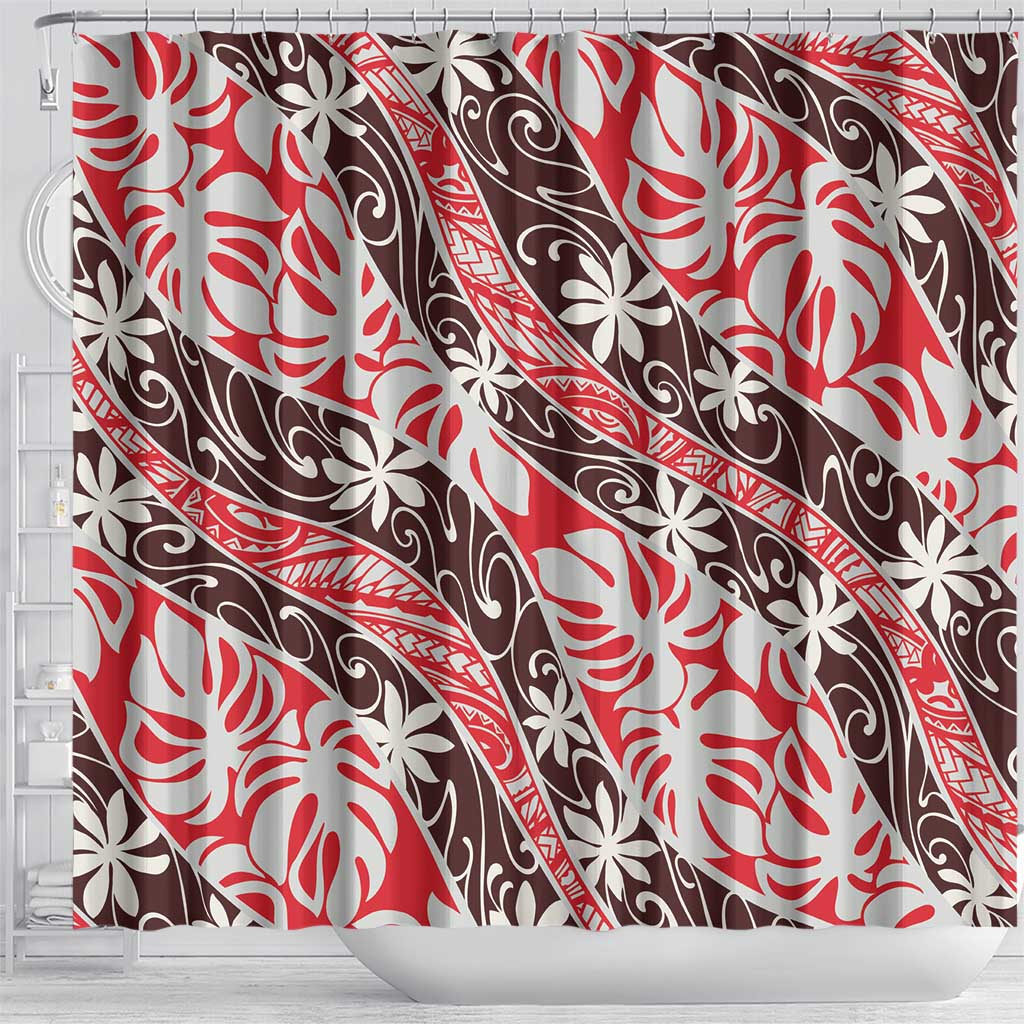 Uteute Tahiti Tiare Monstera Shower Curtain Polynesian Pattern Curve Style - Polynesian Pride