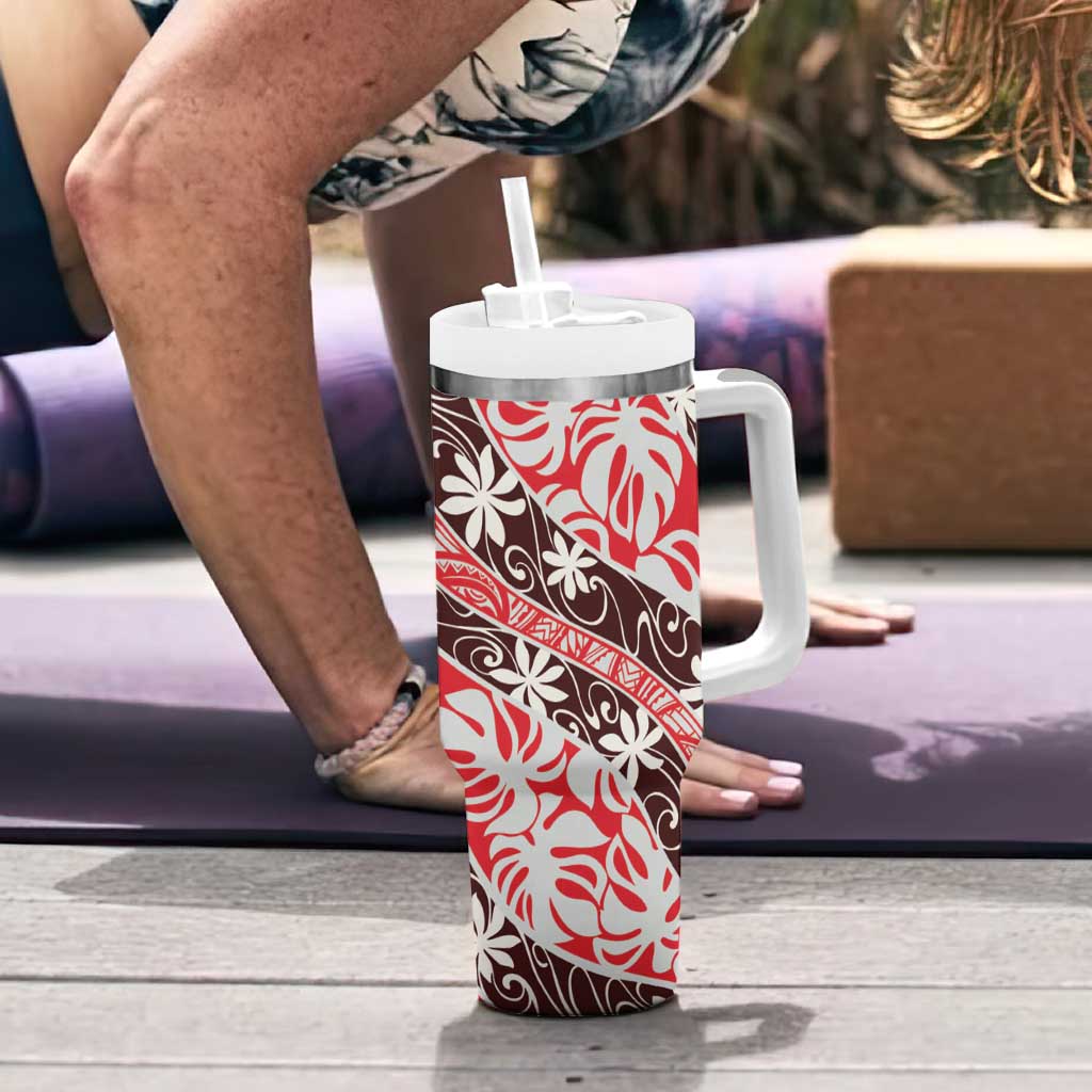 Uteute Tahiti Tiare Monstera Tumbler With Handle Polynesian Pattern Curve Style LT01 - Polynesian Pride