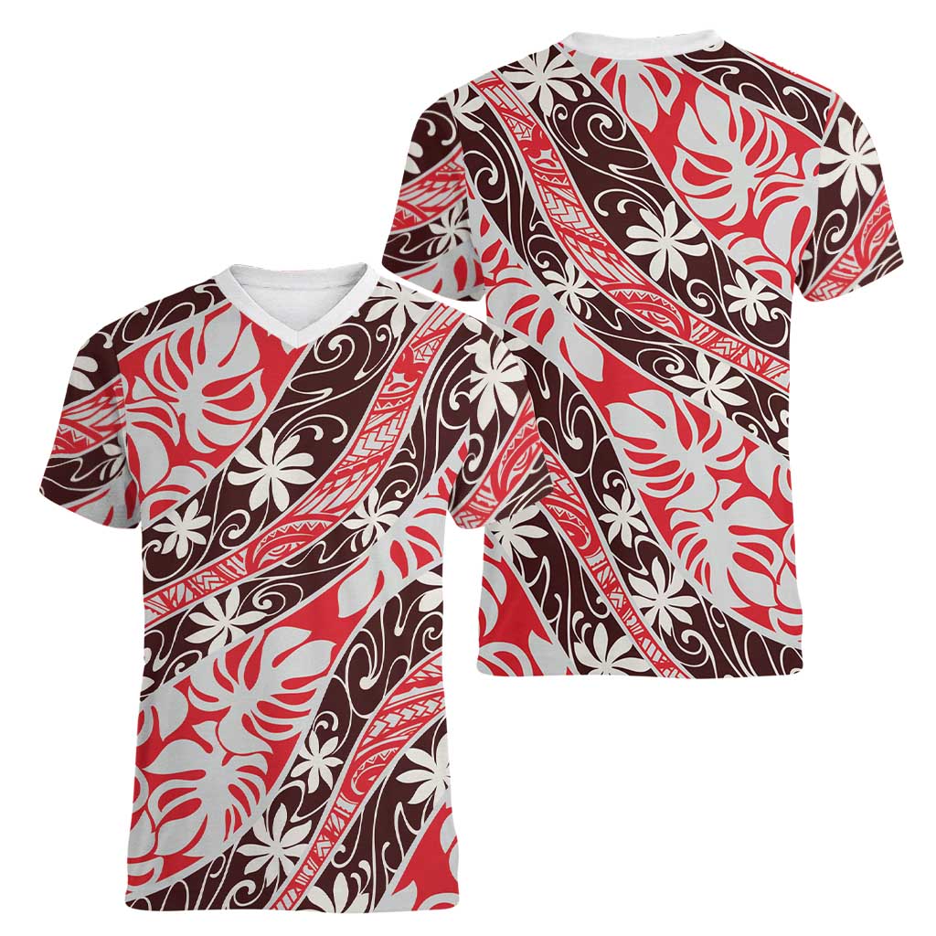 Uteute Tahiti Tiare Monstera Women V-Neck T-Shirt Polynesian Pattern Curve Style - Polynesian Pride