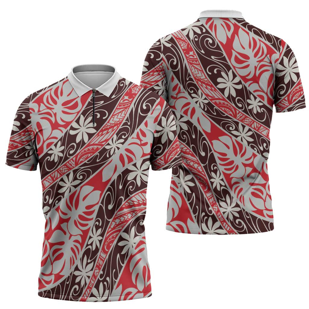 Uteute Tahiti Tiare Monstera Zipper Polo Shirt Polynesian Pattern Curve Style - Polynesian Pride