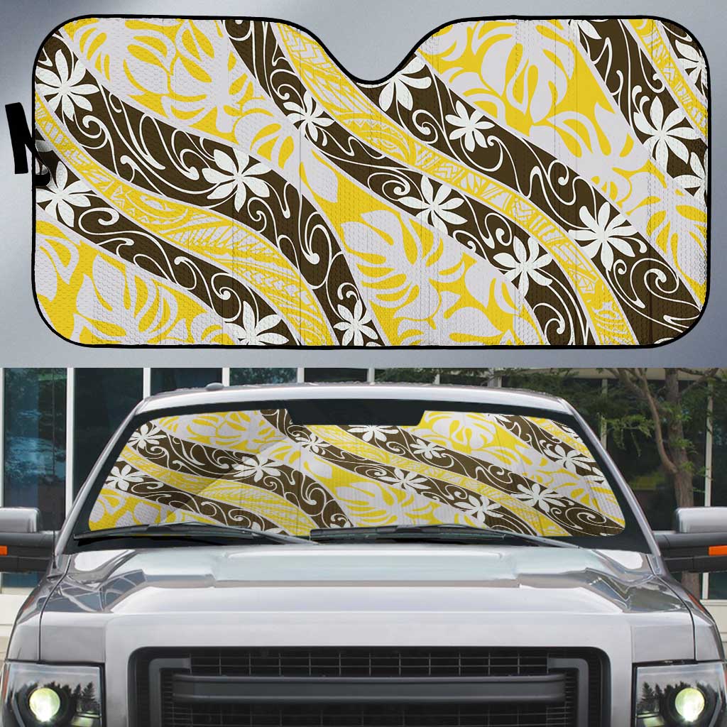 Rearea Tahiti Tiare Monstera Auto Sun Shade Polynesian Pattern Curve Style LT01 Yellow - Polynesian Pride
