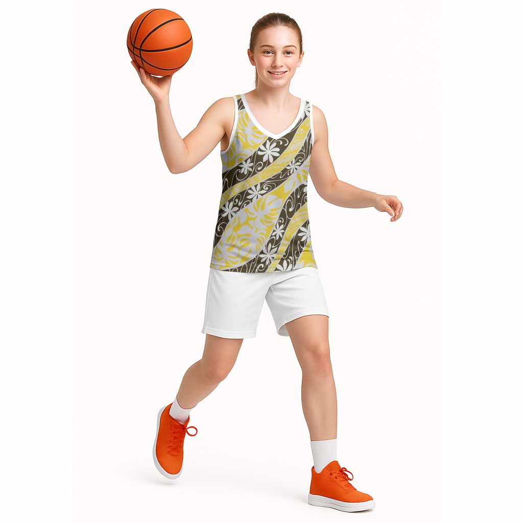Rearea Tahiti Tiare Monstera Basketball Jersey Polynesian Pattern Curve Style - Polynesian Pride