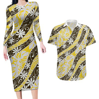 Rearea Tahiti Tiare Monstera Couples Matching Long Sleeve Bodycon Dress and Hawaiian Shirt Polynesian Pattern Curve Style LT01 Yellow - Polynesian Pride