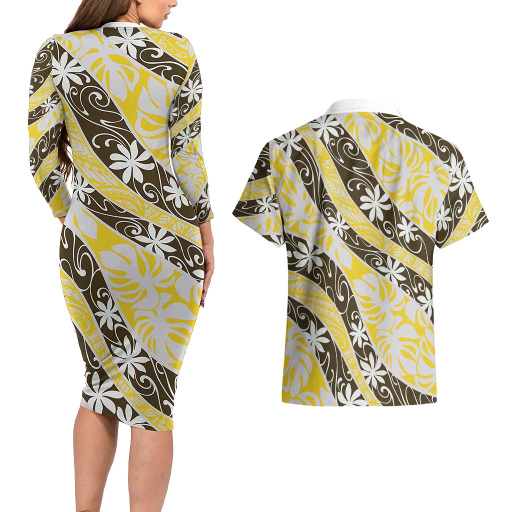 Rearea Tahiti Tiare Monstera Couples Matching Long Sleeve Bodycon Dress and Hawaiian Shirt Polynesian Pattern Curve Style LT01 - Polynesian Pride
