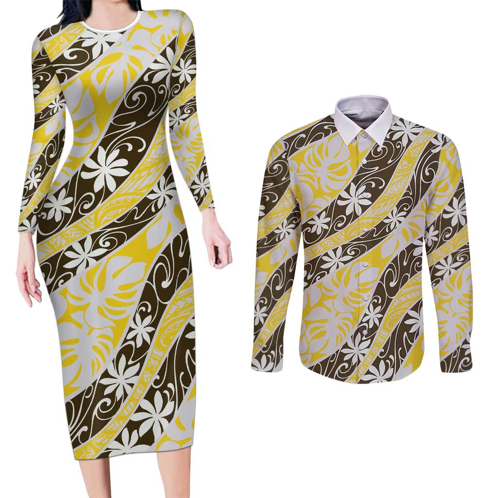 Rearea Tahiti Tiare Monstera Couples Matching Long Sleeve Bodycon Dress and Long Sleeve Button Shirt Polynesian Pattern Curve Style LT01 Yellow - Polynesian Pride