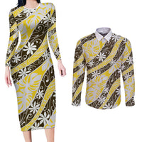 Rearea Tahiti Tiare Monstera Couples Matching Long Sleeve Bodycon Dress and Long Sleeve Button Shirt Polynesian Pattern Curve Style LT01 Yellow - Polynesian Pride